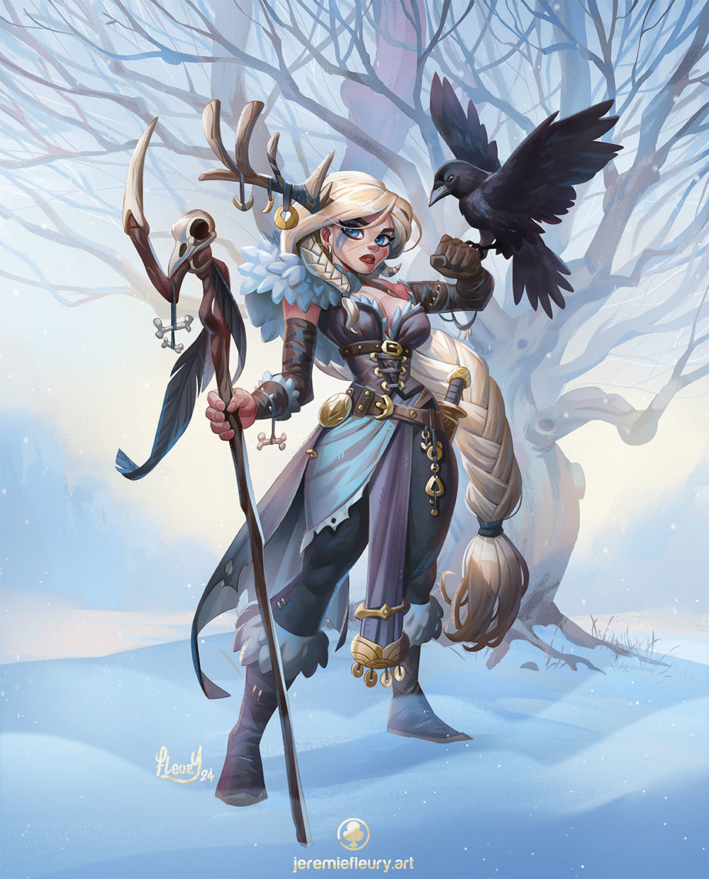 character design of a shaman female warrior with a crow